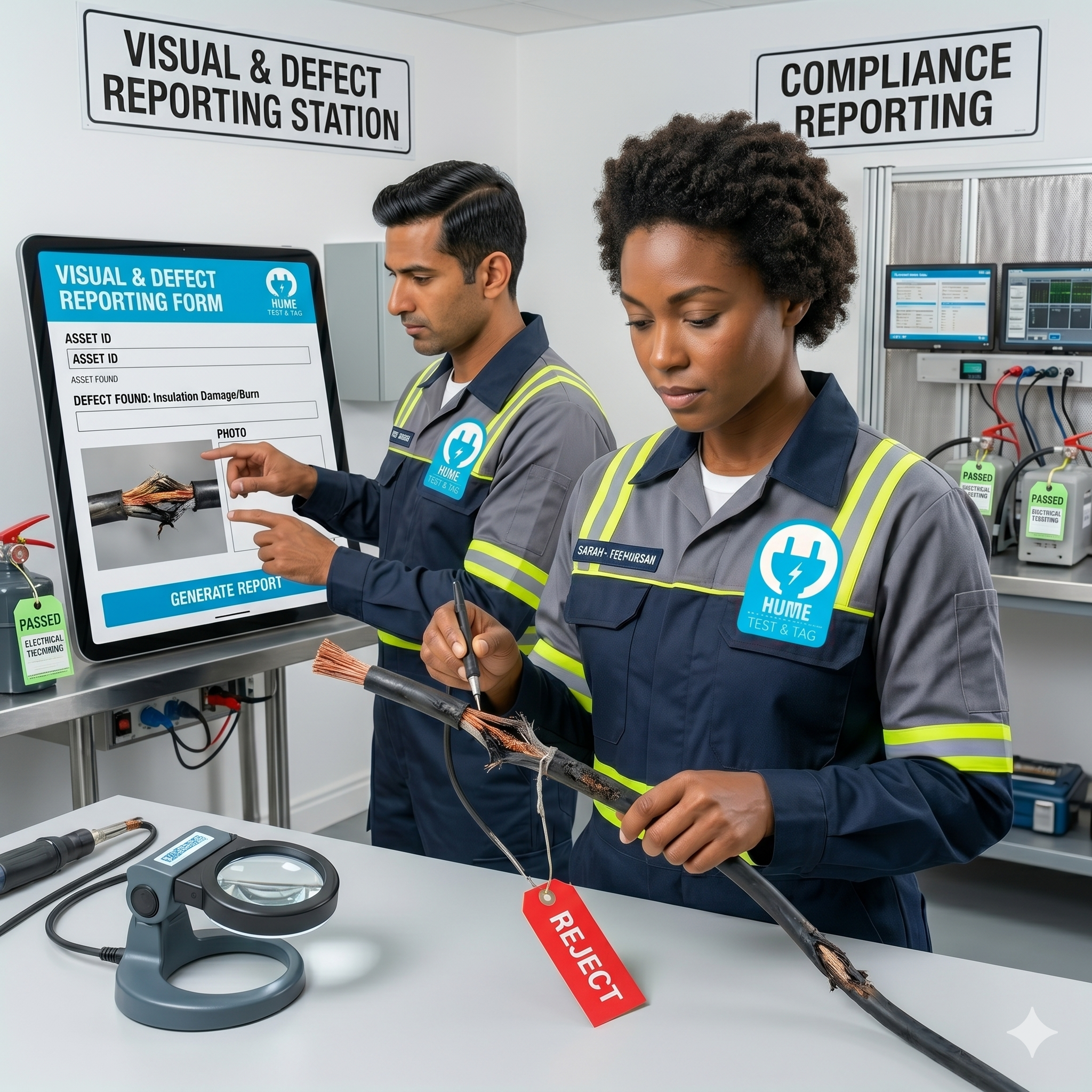 Visual and Defect Reporting Melbourne technician inspecting power cords and logging data